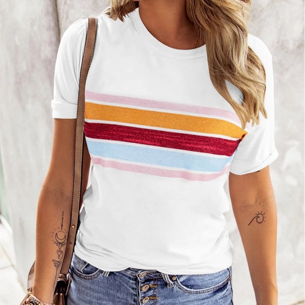 NEW | White Dropped Shoulder Round Neck White Tee With Chest Stripe Detail